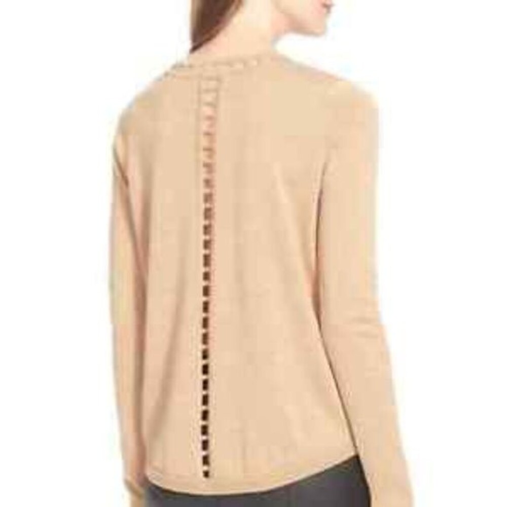Milly 100% merino wool beige tan cutout detail sweater P
